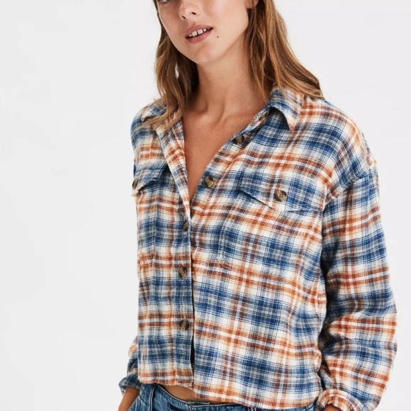 American Eagle Outfitters Plaid Crop Top - Blue and Orange - Picture 2 of 4